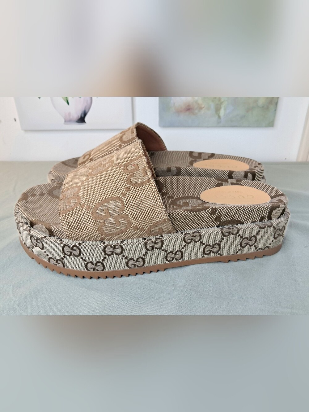 Gucci Angeline GG Platform Women's Slide Sandals US 9 EU 39 Beige/Tan - Picture 4 of 8